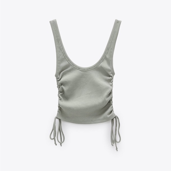 Zara Ribbed Side Tie Tank Top Ruched Green Large - Picture 2 of 7